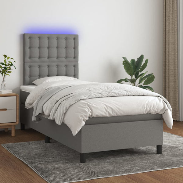  Dark Grey Box Spring Bed with LED Fabric Pocket Spring Mattress King Single