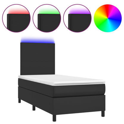 Black King Single Box Spring Bed with Faux Leather Pocket Spring Mattress & LED