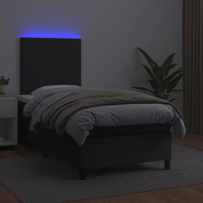 Black King Single Box Spring Bed with Faux Leather Pocket Spring Mattress & LED