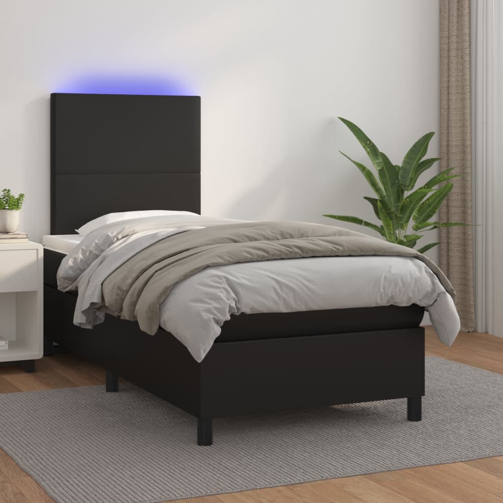 Black King Single Box Spring Bed with Faux Leather Pocket Spring Mattress & LED