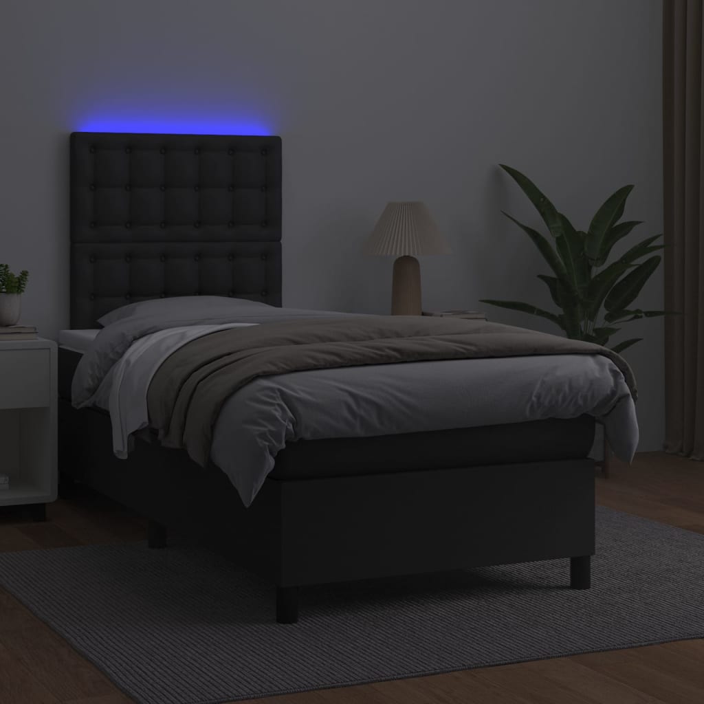 Black King Single Box Spring Bed with Faux Leather Pocket Spring Mattress LED