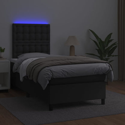 Black King Single Box Spring Bed with Faux Leather Pocket Spring Mattress LED