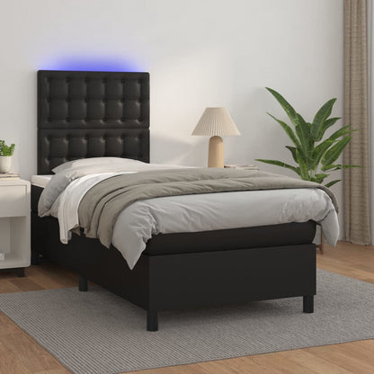 Black King Single Box Spring Bed with Faux Leather Pocket Spring Mattress LED