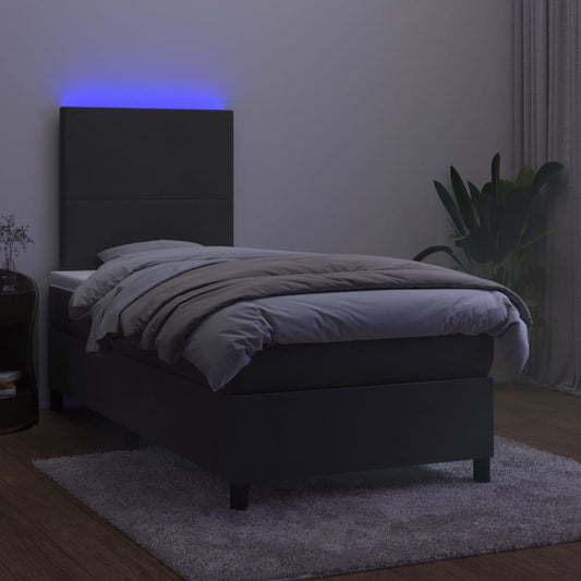 Dark Grey Box Spring Bed with LED Velvet Pocket Spring Mattress King Single