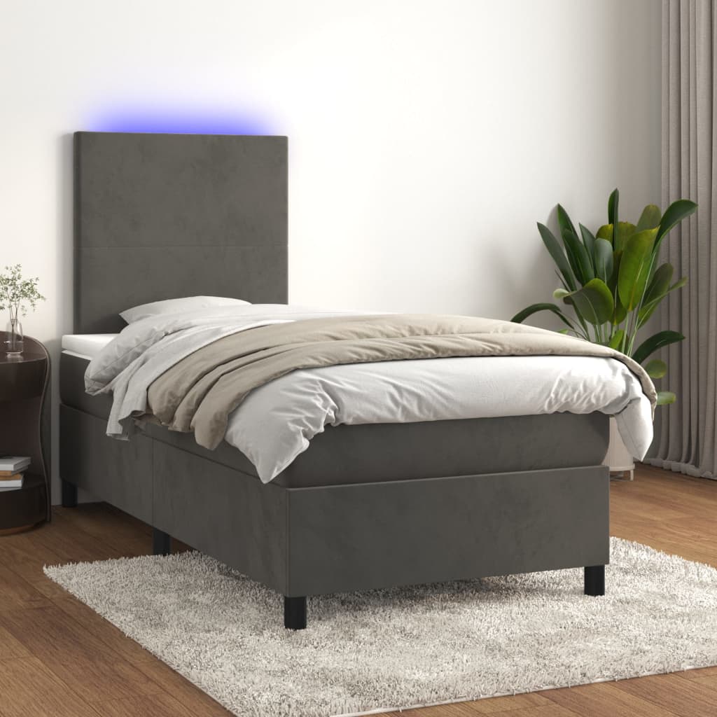 Dark Grey Box Spring Bed with LED Velvet Pocket Spring Mattress King Single