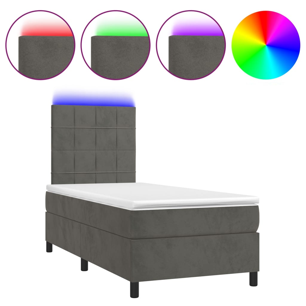 Dark Grey Box Spring Bed with LED Velvet Mattress King Single Adjustable Headboard