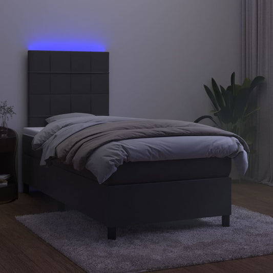 Dark Grey Box Spring Bed with LED Velvet Mattress King Single Adjustable Headboard