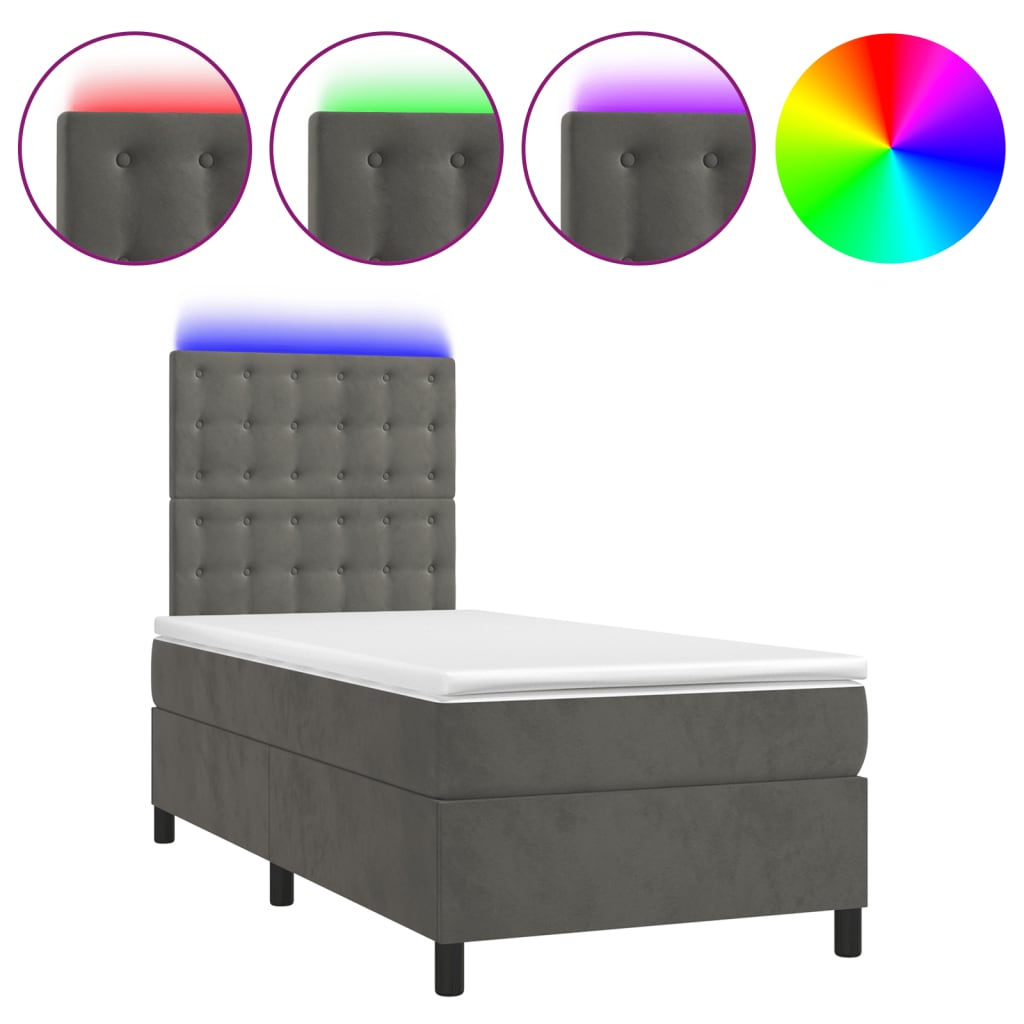 Dark Grey King Single Box Spring Bed with Velvet Pocket Spring Mattress and LED Lights