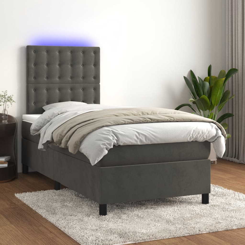 Dark Grey King Single Box Spring Bed with Velvet Pocket Spring Mattress and LED Lights