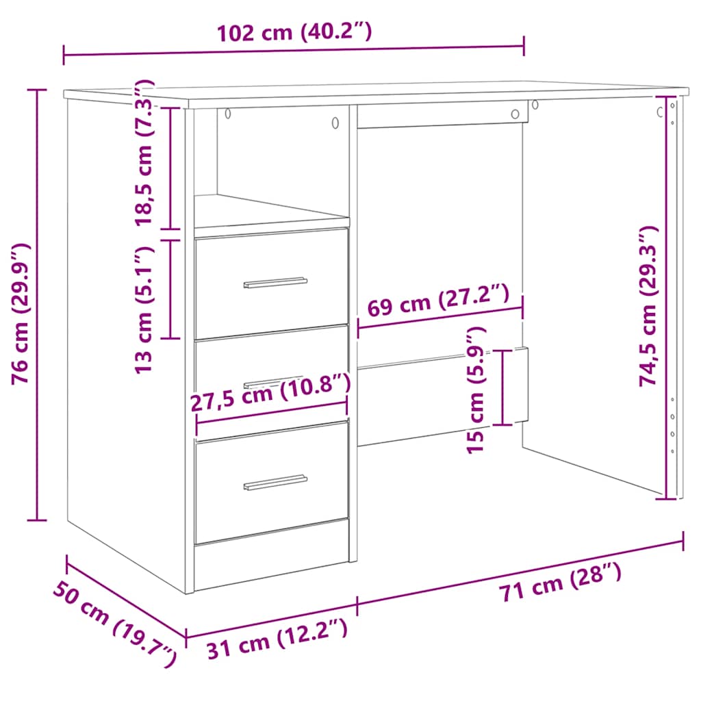 Study Desk 3 Drawers Sonoma Oak 102cm | HomeAndLiving