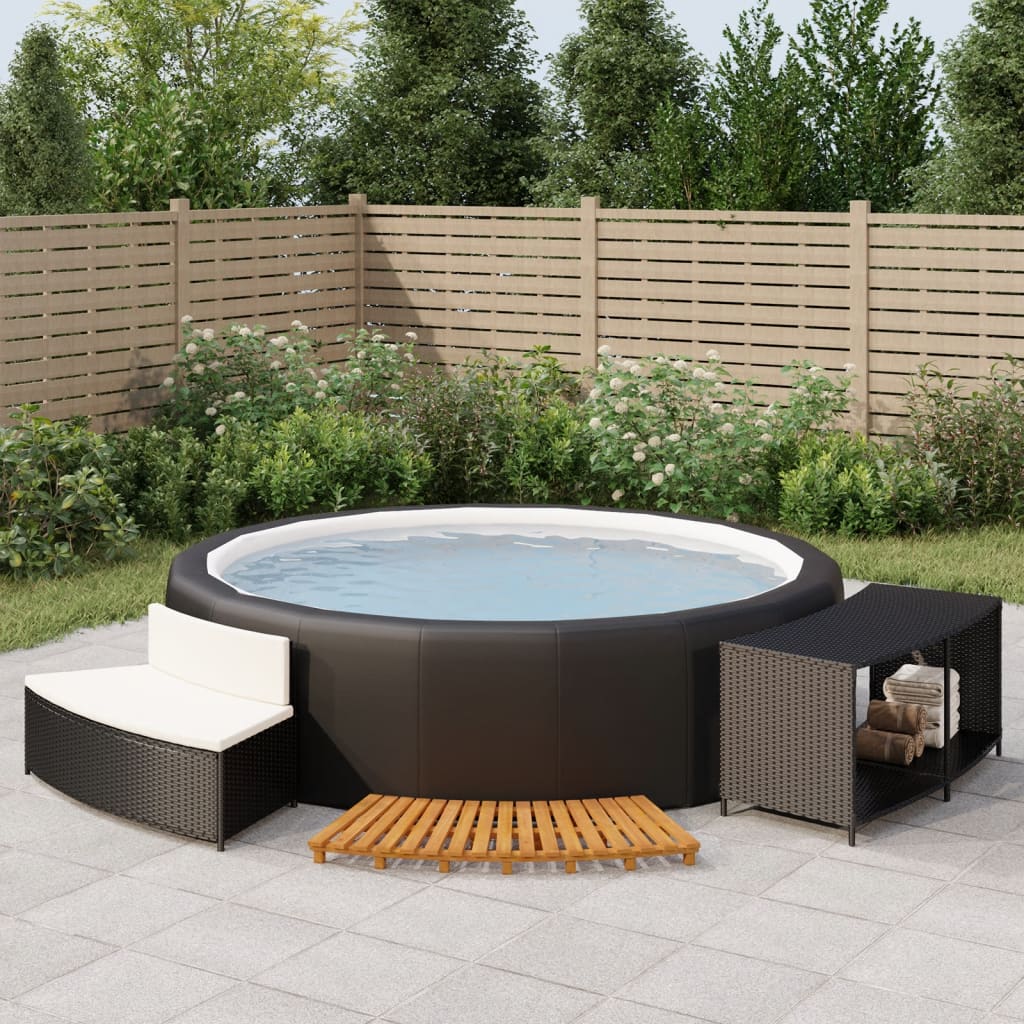 Luxury Soak Haven: Black Poly Rattan Hot Tub Surround with Solid Wood