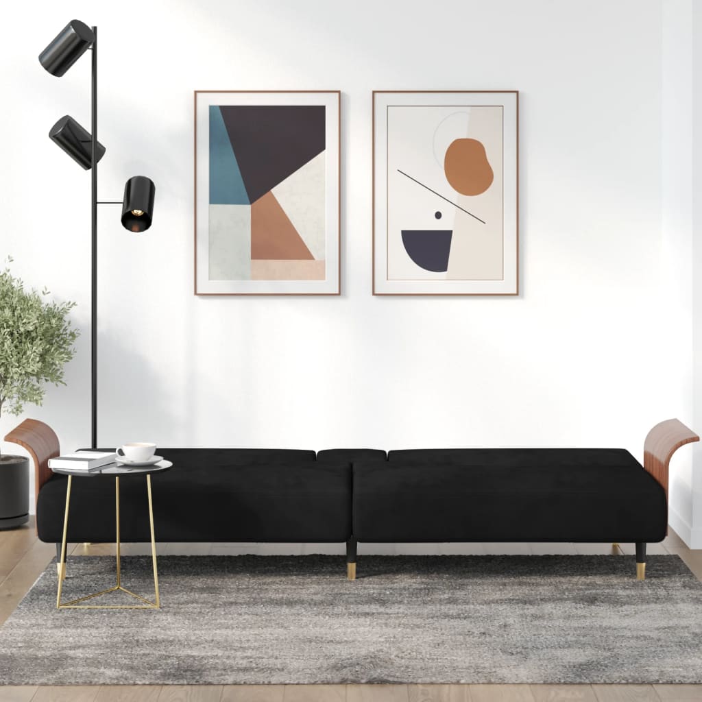 Elegant Twilight Escape: Dark Grey Velvet Sofa Bed with Convenient Cup Holders