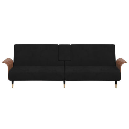 Elegant Twilight Escape: Dark Grey Velvet Sofa Bed with Convenient Cup Holders