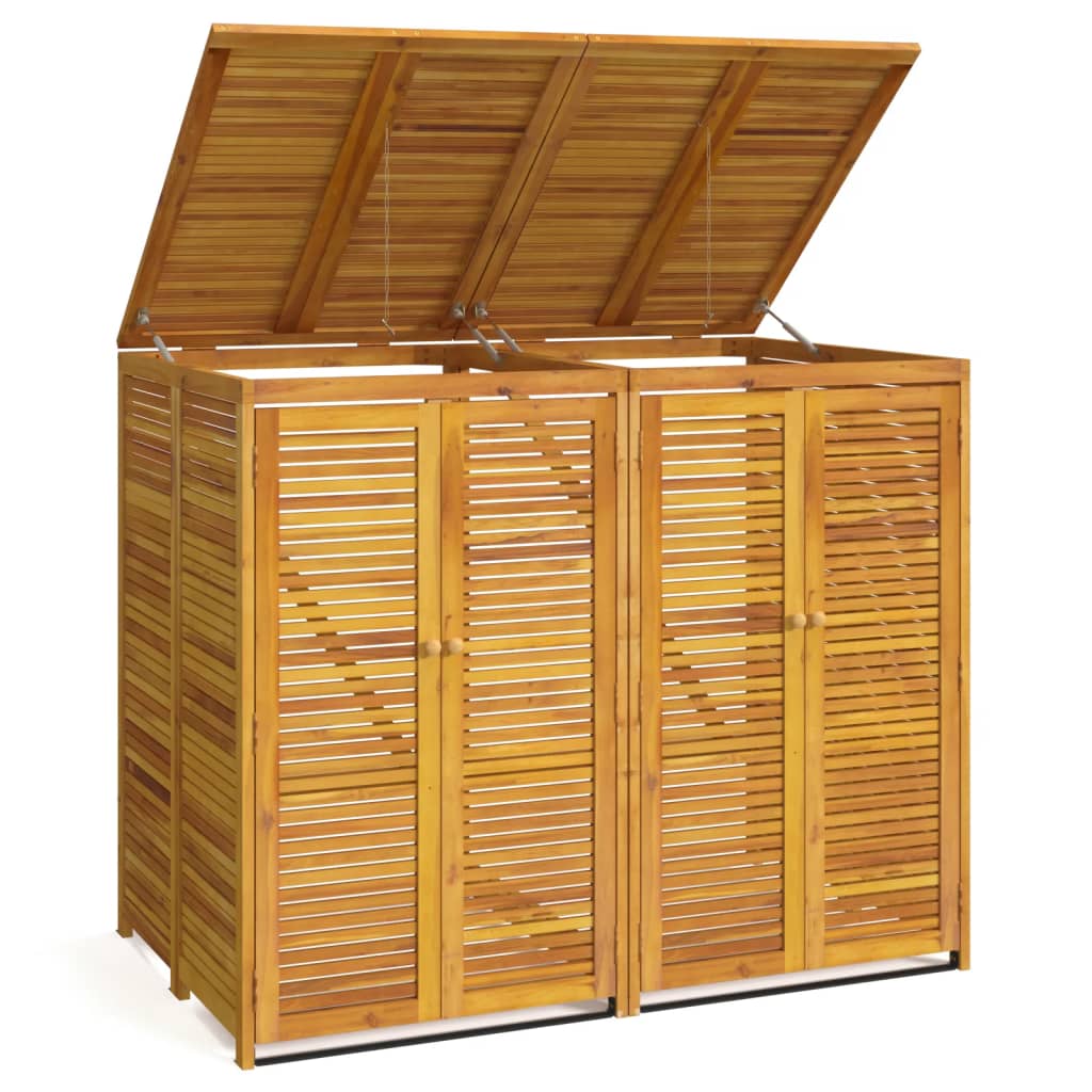 Dual-Compartment Wooden Trash Bin Shelter Acacia Double Garbage Shed