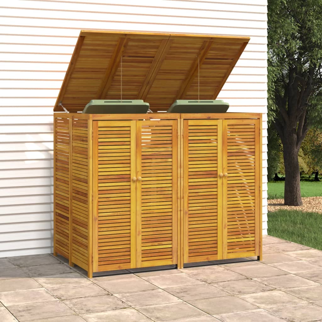 Dual-Compartment Wooden Trash Bin Shelter Acacia Double Garbage Shed