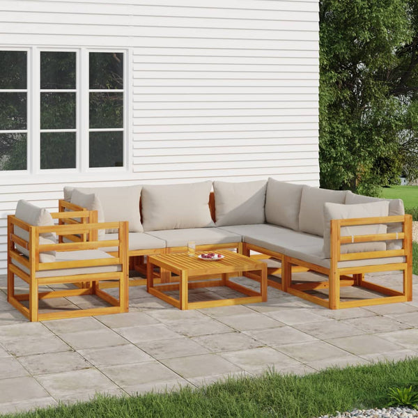  Luminous Lounge: 7-Piece Solid Wood Garden Set with Light Grey Cushions