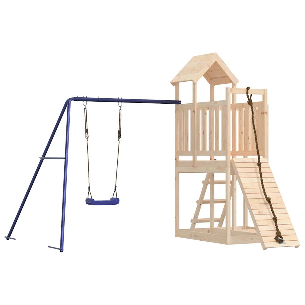 A Solid Wood Pine Playhouse featuring a Climbing Wall and Swing