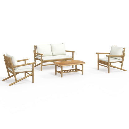 Bamboo Serenity Suite: 4-Piece Lounge Set with Cream White Cushions