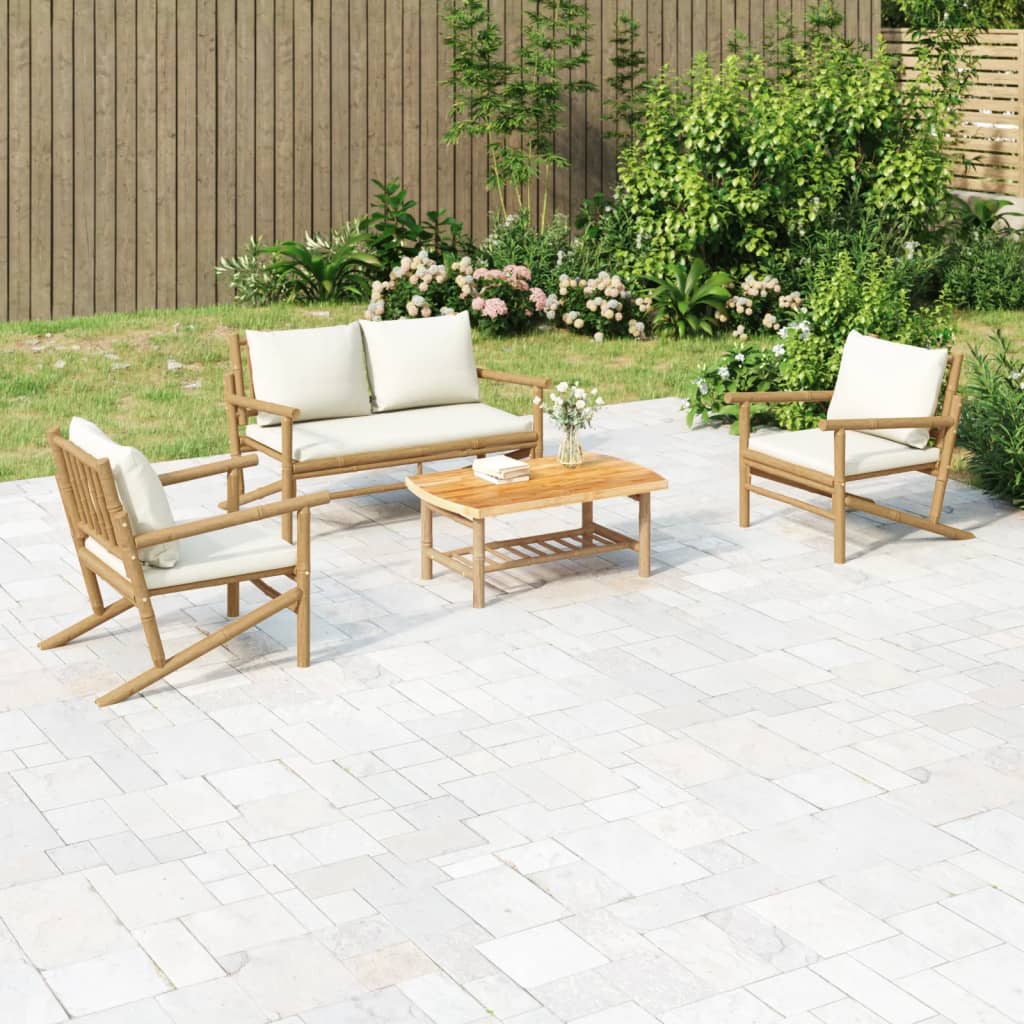 Bamboo Serenity Suite: 4-Piece Lounge Set with Cream White Cushions