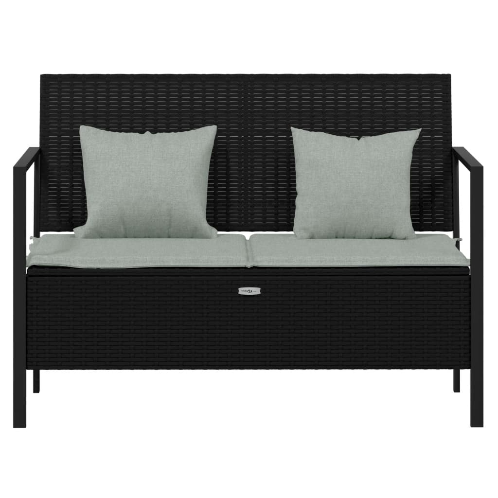 Rattan Elegance: Black 2-Seater Garden Bench with Cushions