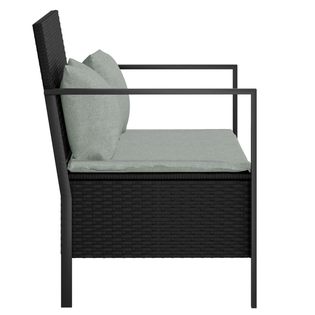 Rattan Elegance: Black 2-Seater Garden Bench with Cushions