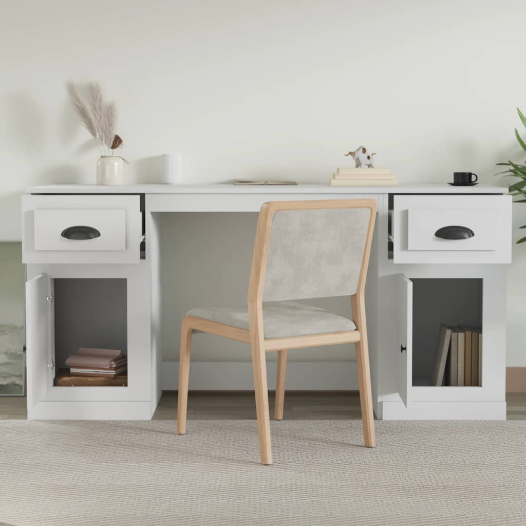 White Engineered Wood Desk with Cabinet