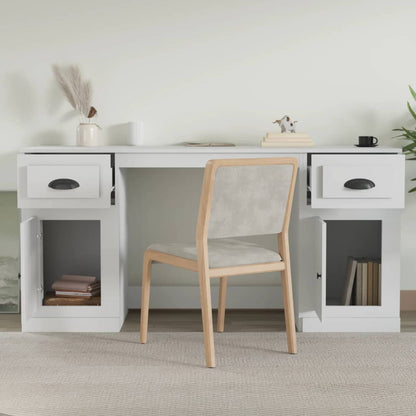 White Engineered Wood Desk with Cabinet