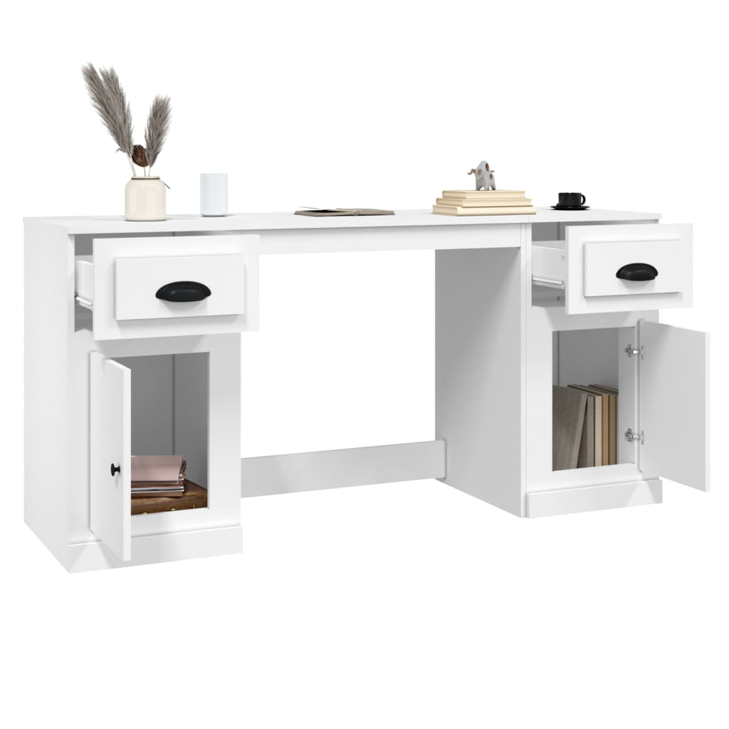 White Engineered Wood Desk with Cabinet