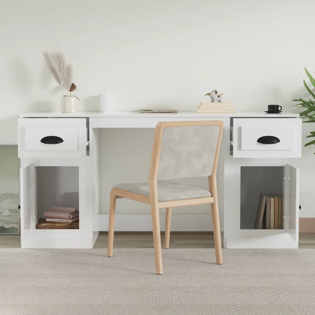 White Engineered Wood Desk with Cabinet