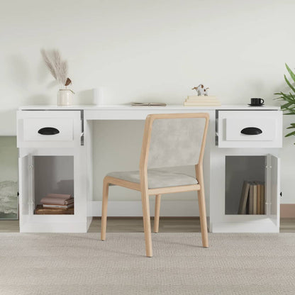 White Engineered Wood Desk with Cabinet