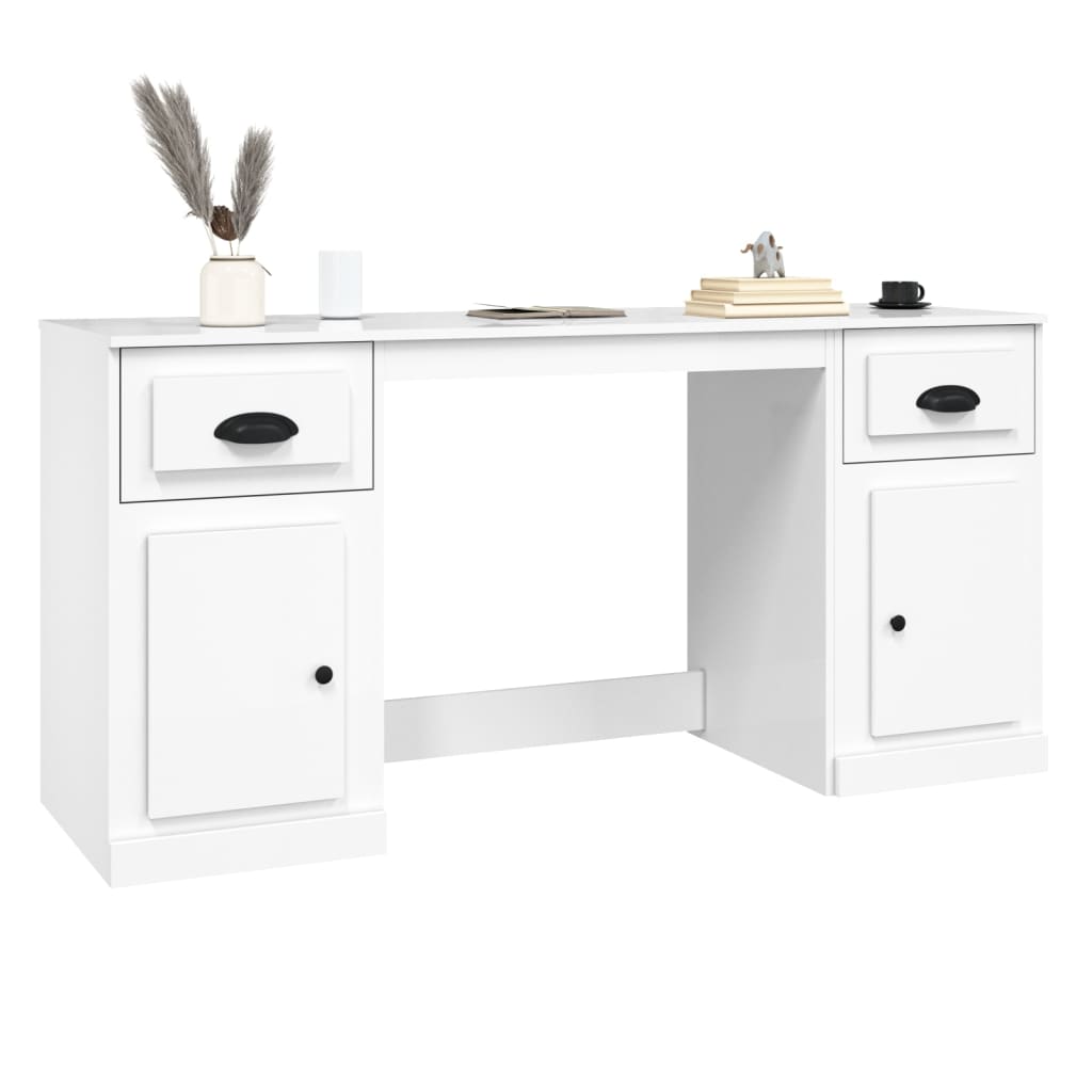 White Engineered Wood Desk with Cabinet