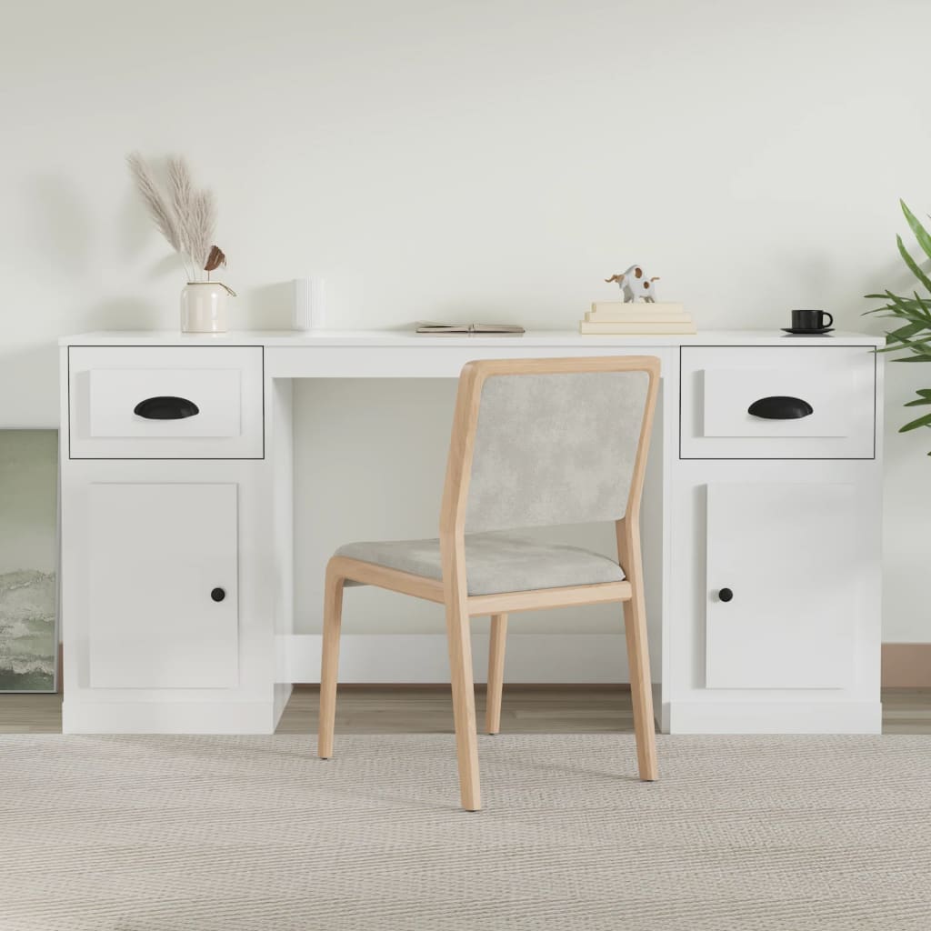 White Engineered Wood Desk with Cabinet
