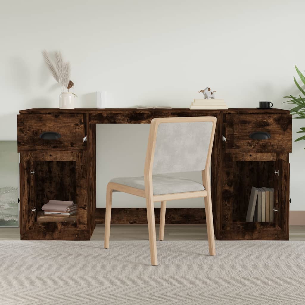 White Engineered Wood Desk with Cabinet