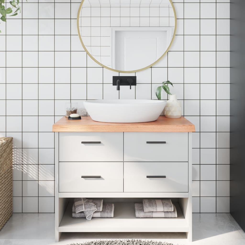 Rustic Elegance: Light Brown Treated Solid Wood Bathroom Countertop
