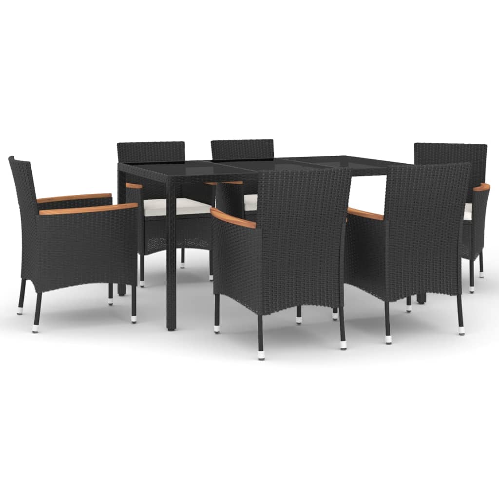 7 Piece Garden Dining Set with Cushions Black Poly Rattan - 150×90×75cm