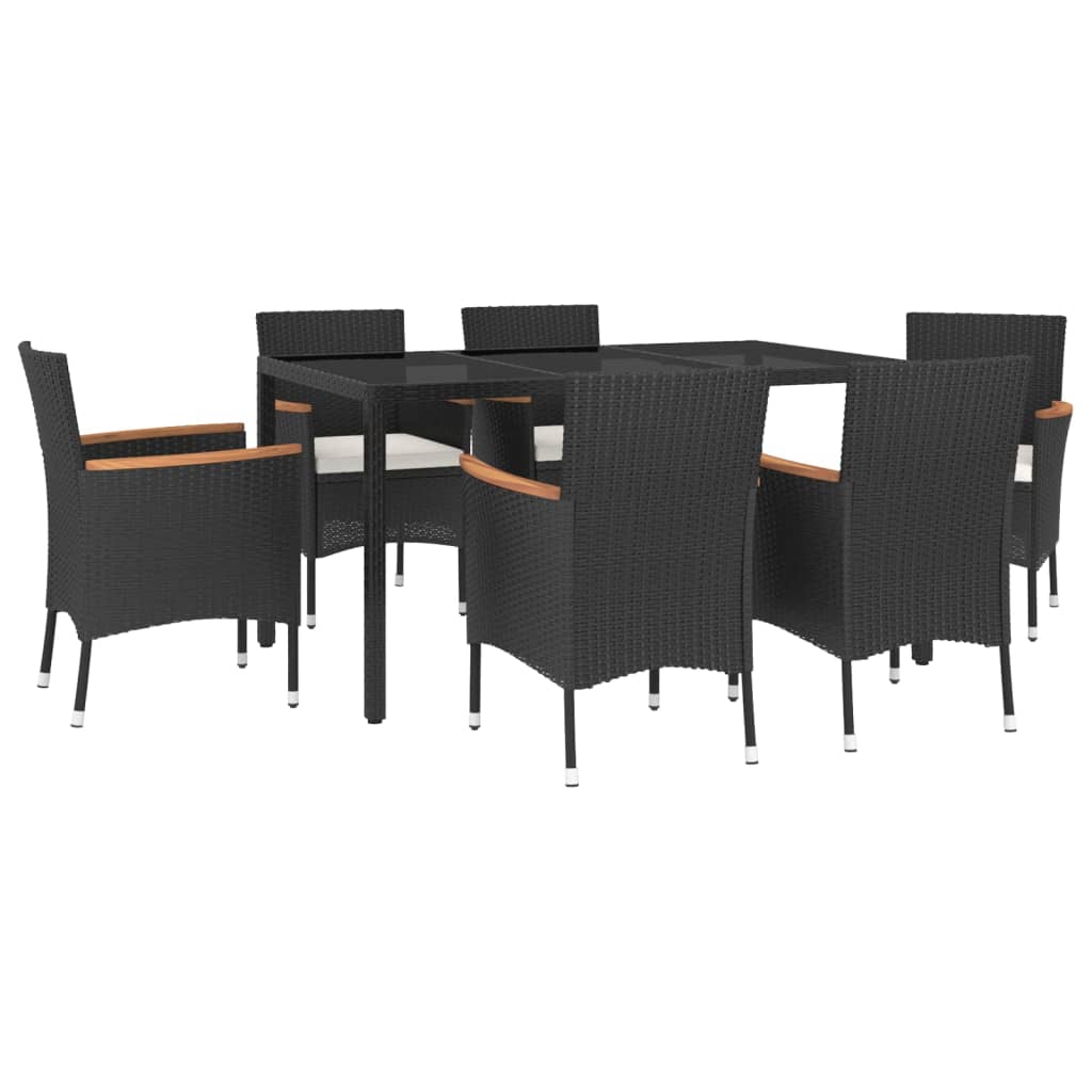 7 Piece Garden Dining Set with Cushions Black Poly Rattan - 150×90×75cm