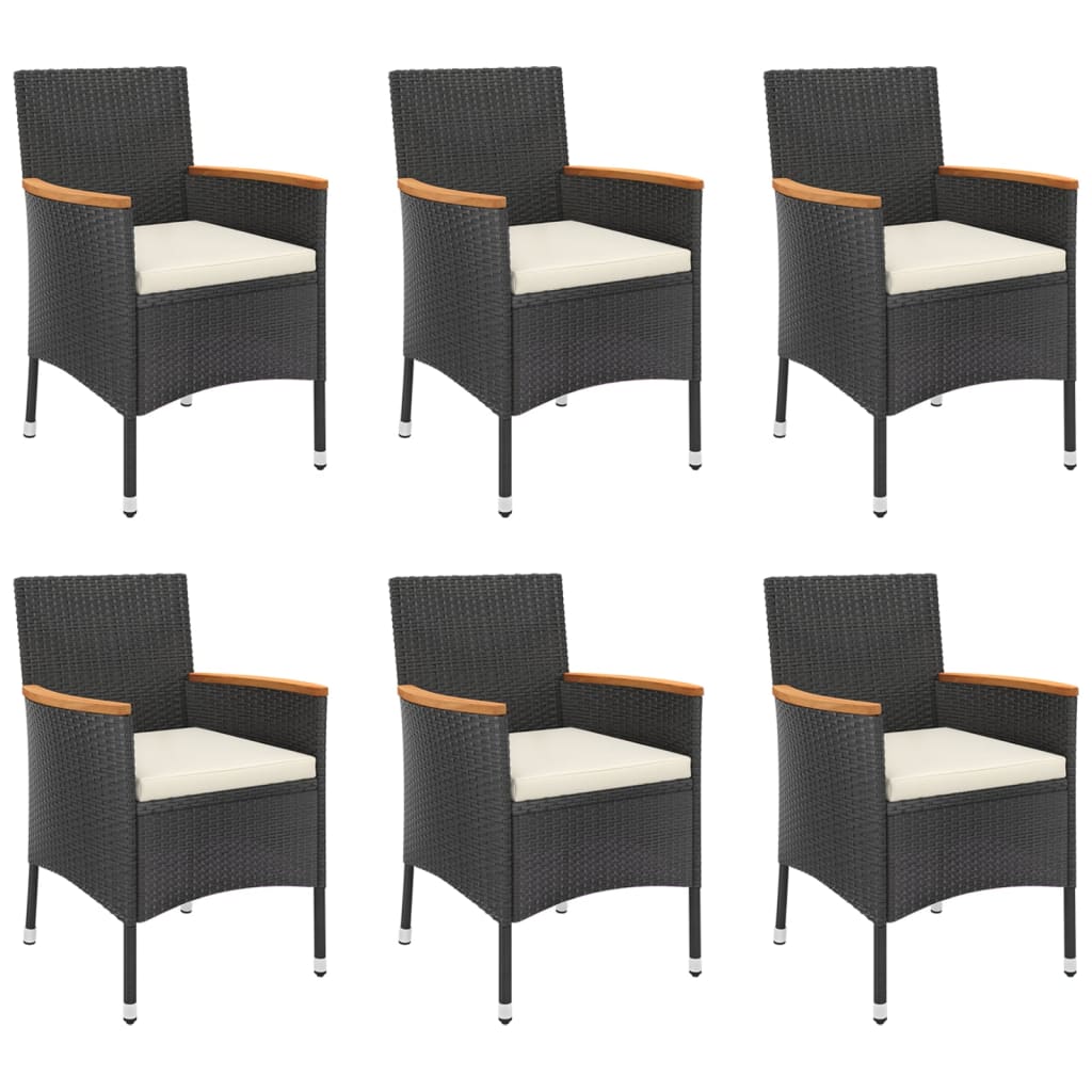 7 Piece Garden Dining Set with Cushions Black Poly Rattan - 150×90×75cm