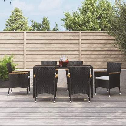 7 Piece Garden Dining Set with Cushions Black Poly Rattan - 150×90×75cm