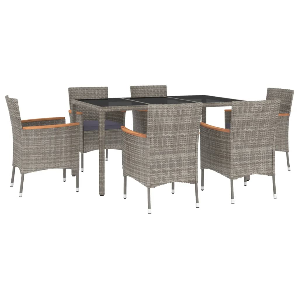 7 Piece Garden Dining Set with Cushions Grey Poly Rattan - 150×90×75cm