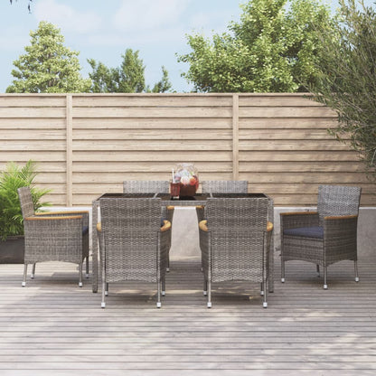 7 Piece Garden Dining Set with Cushions Grey Poly Rattan - 150×90×75cm
