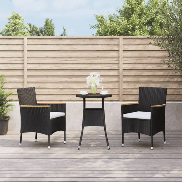  3 Piece Garden Bistro Set with Cushions Black Poly Rattan