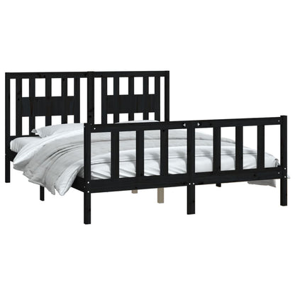 Midnight Majesty: Black Solid Wood Pine Queen Size Bed Frame with Headboard
