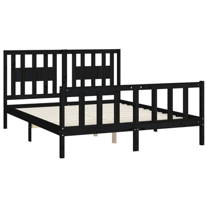 Midnight Majesty: Black Solid Wood Pine Queen Size Bed Frame with Headboard