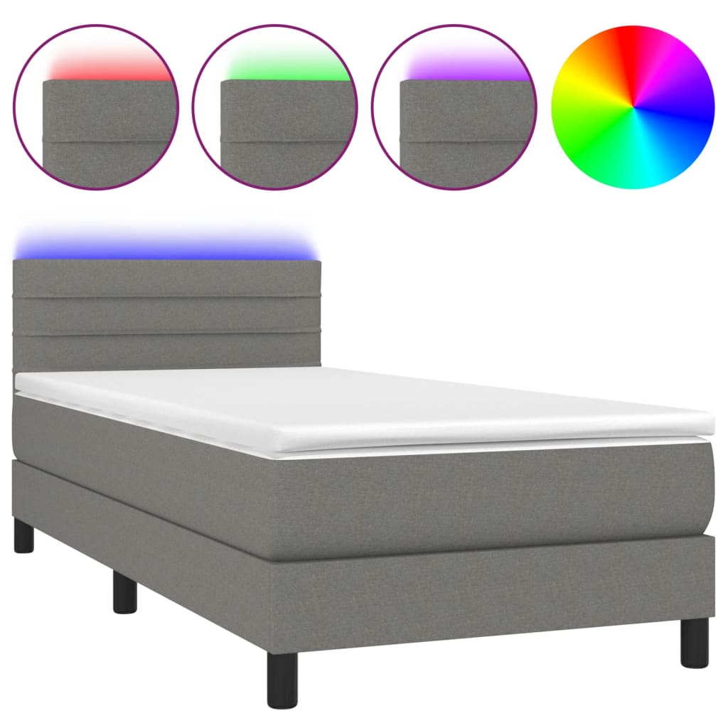 King Single Fabric Box Spring Bed Dark Grey with Soft Mattress and USB LED Strip