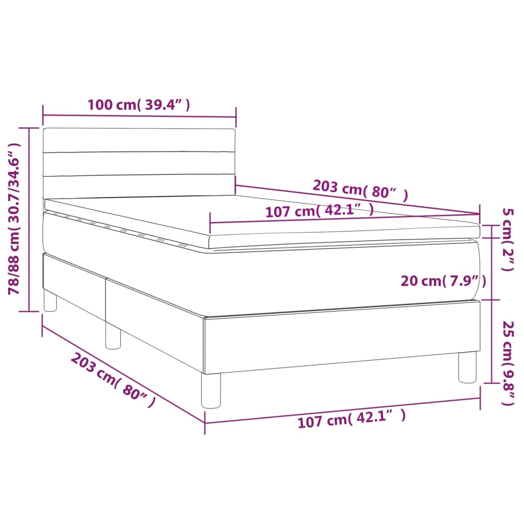 King Single Fabric Box Spring Bed Dark Grey with Soft Mattress and USB LED Strip