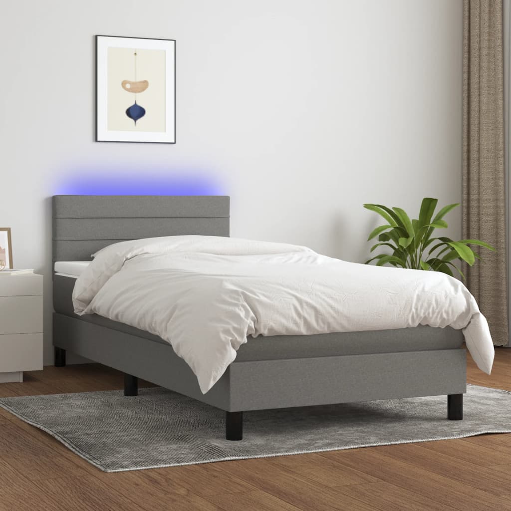 King Single Fabric Box Spring Bed Dark Grey with Soft Mattress and USB LED Strip