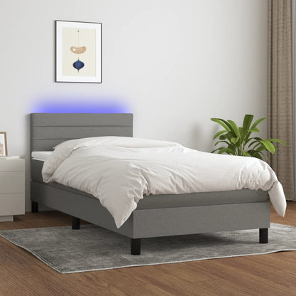 King Single Fabric Box Spring Bed Dark Grey with Soft Mattress and USB LED Strip