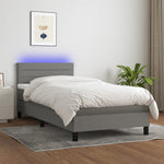 King Single Fabric Box Spring Bed Dark Grey with Soft Mattress and USB LED Strip