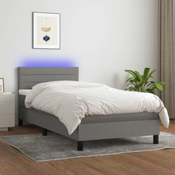 King Single Fabric Box Spring Bed Dark Grey with Soft Mattress and USB LED Strip