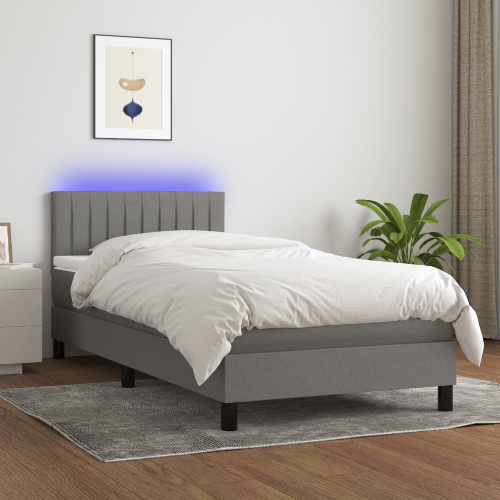 Dark Grey Box Spring Bed with Pocket Spring Mattress Fabric LED Headboard